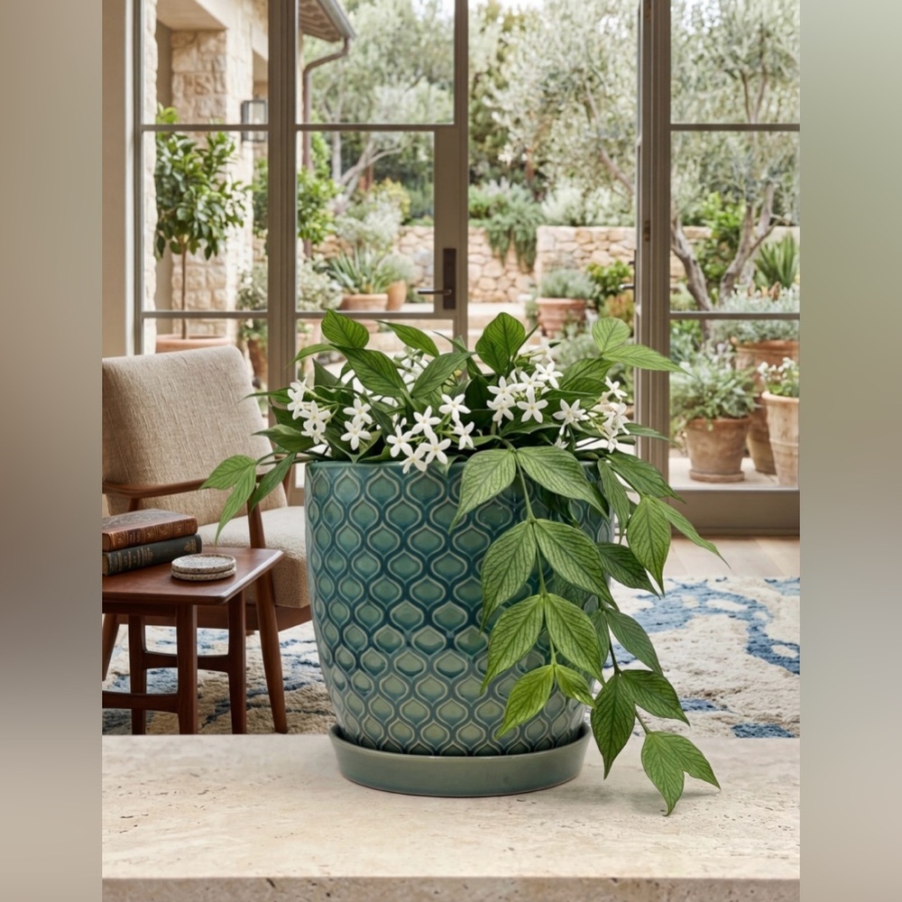 Turquoise Geometric Ceramic Planter with Attached Saucer - 8" Round Blue Pattern